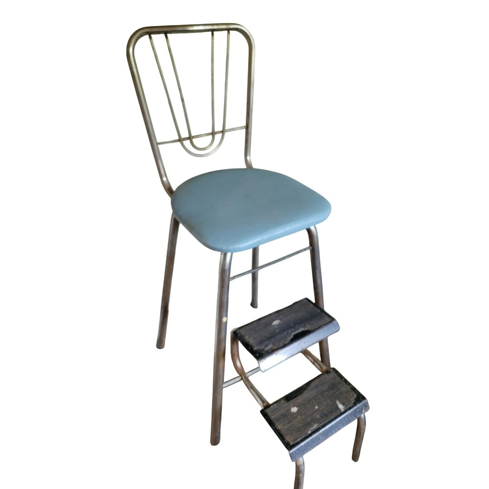 Vtg MCM Cosco Kitchen Step Stool Chair Chrome Blue Vinyl Pull Out Tracking Steps